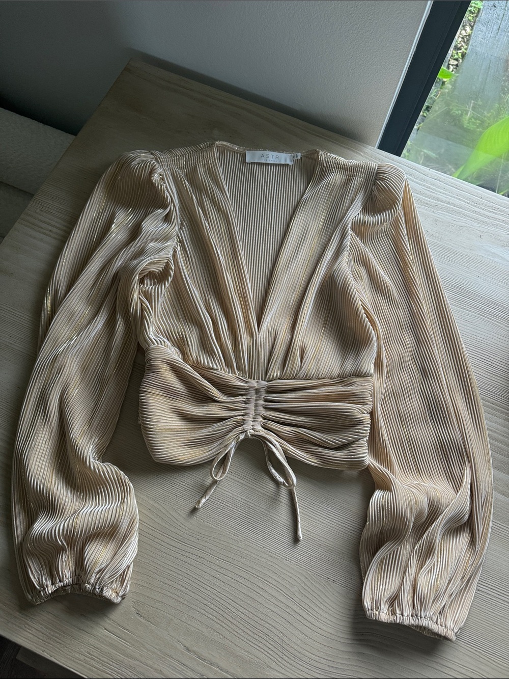 Astr Pleated Beige Ruched V-Neck Long Sleeve Top